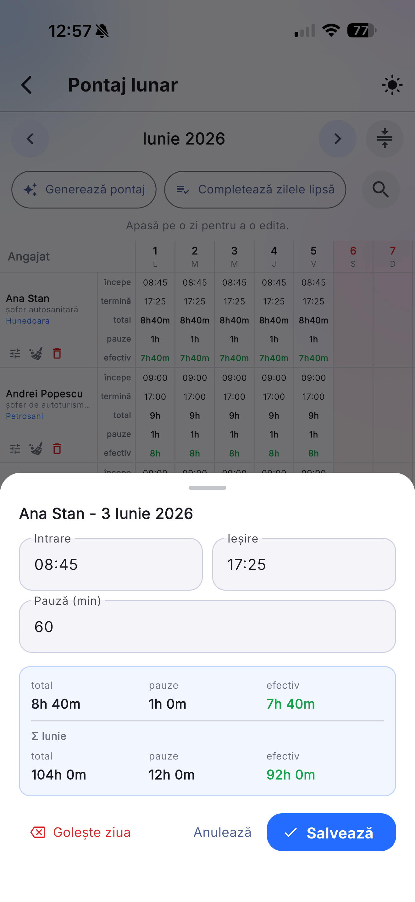 Pontaj lunar automatizat